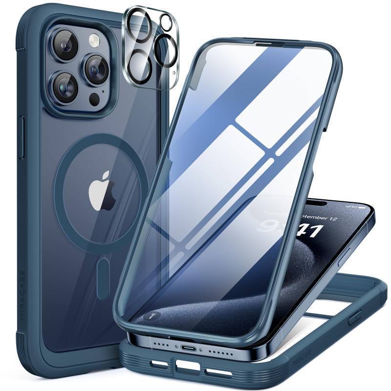 lot 41370 image: Miracase Magnetic for iPhone 15 Pro Max Case 6.7 Compatible with Magsafe Full-Body Drop Proof Bumper Phone Case for iPhone 15 Pro Max with Built-in 9H Tempered Glass Screen Protector,Blue - Retail $18