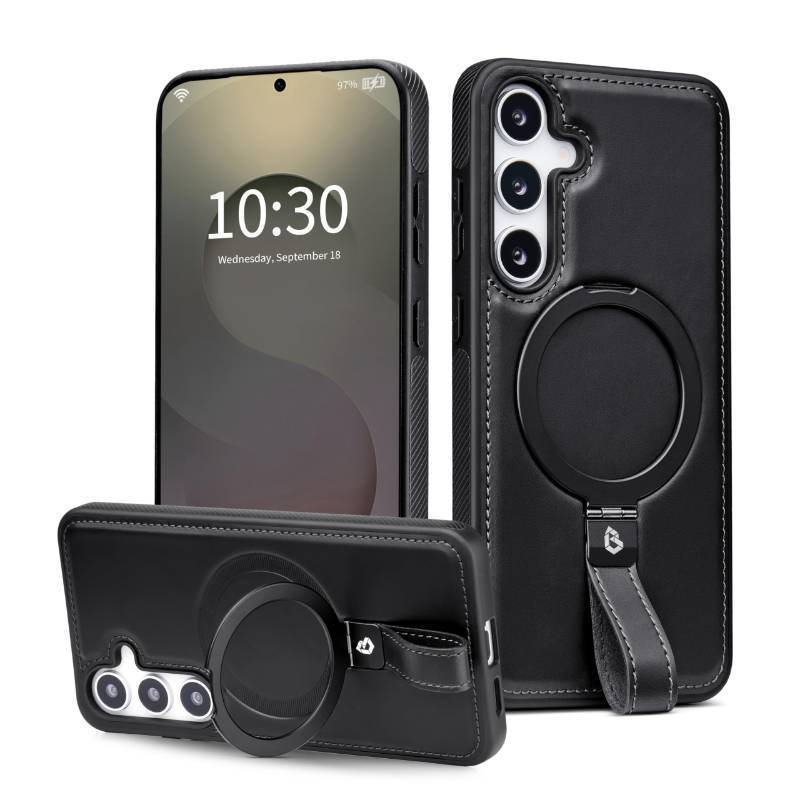 lot 41371 image: Butaiga for Samsung Galaxy S23 Plus Case Leather with Stand, Anti-Slip Grip Ring, Fits for MagSafe (Black, S23 Plus) - Retail $12