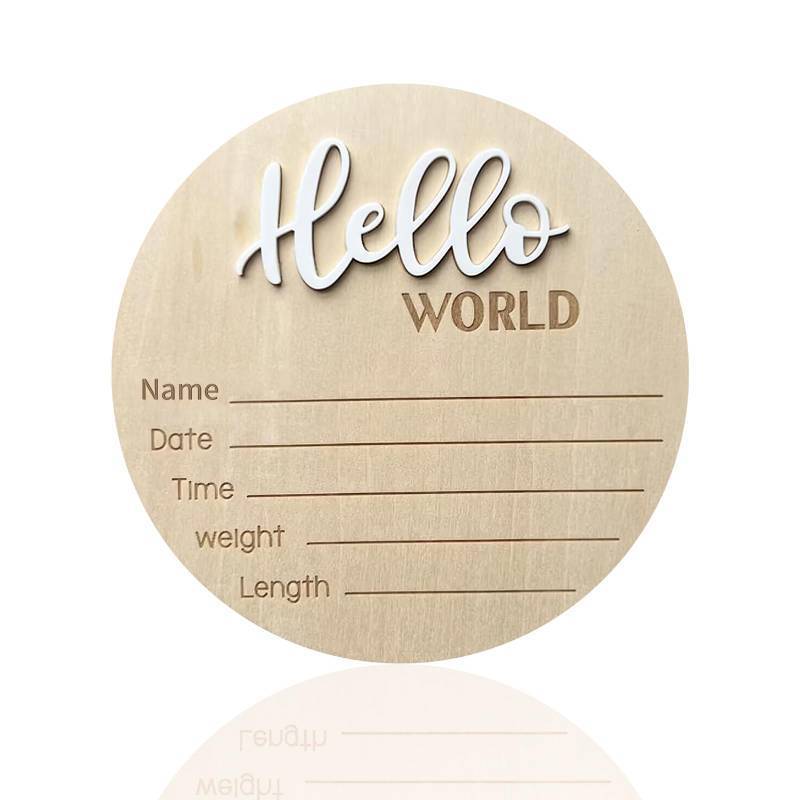 lot 58654 image: Baby Announcement Sign, 5.9 Inch Wooden Hello World Newborn Signs, Birth Announcement Sign, Baby Shower Hospital Nursery for Newborn Boys and Girls (White) - Retail $6