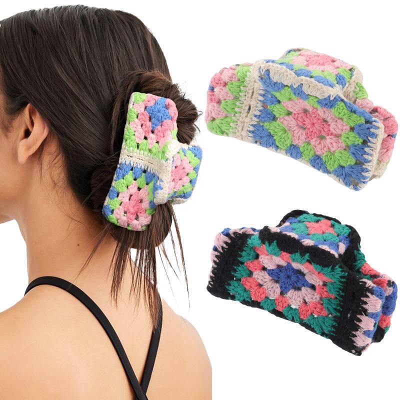 lot 58679 image: HAIMEIKANG 2 PCs Cute Corchet Hair Claw Clips for Women - Large Strong Hold Knitted Hair Accessories for Thick and Thin Hair - Retail $10
