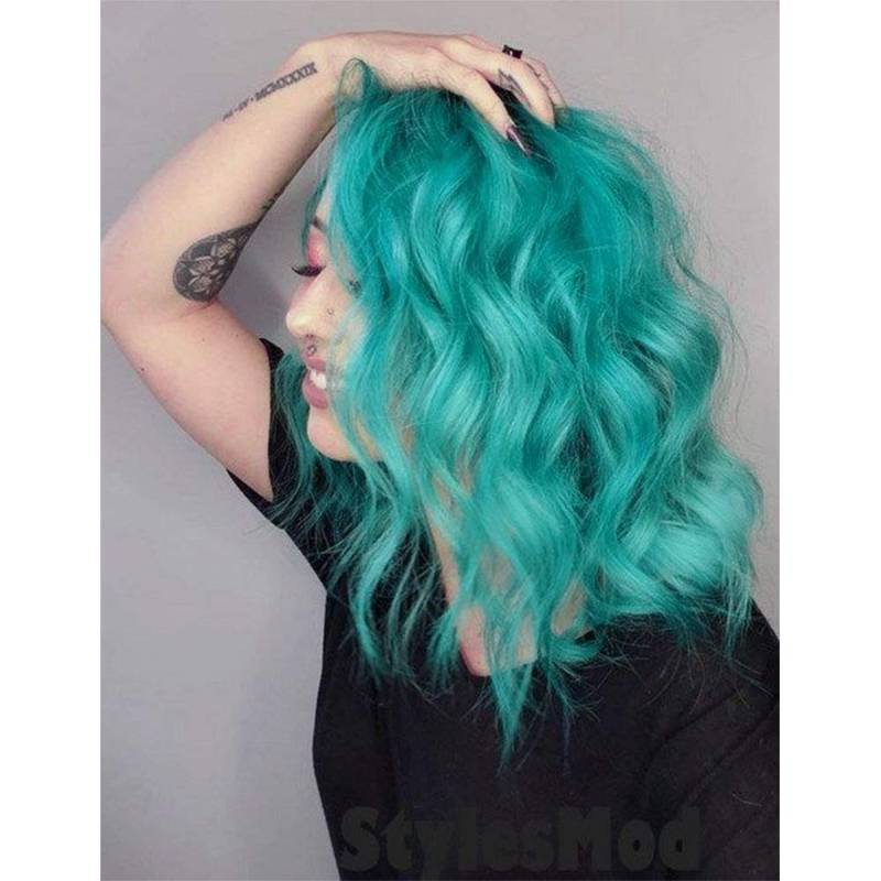 lot 58702 image: CliCling Short Wavy Bob Wigs Middle Part Curly Hair Cute Wigs Shoulder Length Synthetic Heat Resistant Short Wigs for Women Colorful Costume Bob Cosplay Wig for Girl (Dark Turquoise) - Retail $20