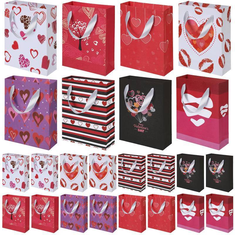 lot 58713 image: Zonon 24 Pieces Valentines Day Paper Gifts Bags Kraft Party Hearts Kiss Love Treat Goodie Bags with White Handles for Valentines Wedding Party Supplies, 7.9 x 6.3 x 2.4 Inch, 8 Styles - Retail $12