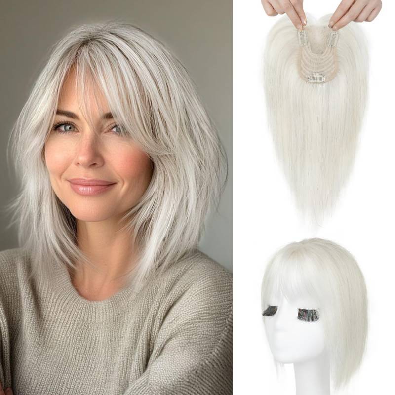 lot 27093 image: SEIKEA Hair Toppers for Women Real Human Hair, 10 Fluffy Natural Realistic 7x11CM Base Clip in Bangs with Wispy Bangs Hand-Tied Invisible Hairpieces for Thinning Hair Silver White - Retail $46