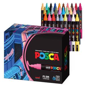 lot 16877 image: Uni Posca Paint Markers, 5M Medium Acrylic Markers with Reversible Tips, Artist Recommended For Gifts, Decorations, Fabric, Metal, Glass, Wood and Canvas, Assorted Colors, Set of 29 - Retail $65