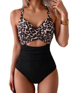 lot 30450 image: Eomenie Womens One Piece Swimsuits Tummy Control Cutout High Waisted Bathing Suit Wrap Tie Back 1 Piece Swimsuit Black and Leopard Medium- Retail $37