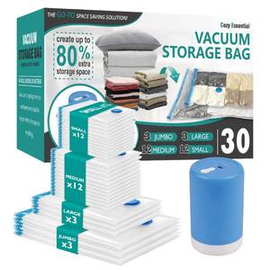 lot 50927 image: Cozy Essential Travel Vacuum Storage Bags with Rechargeable Cordless USB Pump, Space Saver Bags for Luggage, Suitcase, Carry-On, for Clothes, Blankets, Bedding & Seasonal Storage,30 Combo - Retail $36