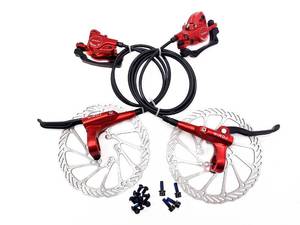 lot 50929 image: WIROJ Mountain Bike Hydraulic Disc Brake Set, Front & Rear Disc Brake Kit Fit Bicycle MTB XC Trail, e-Bike, Fat Bike, Upgrade kit for Mechanical Disc Brake (Red - Bike Hydraulic Disc Brake Set) - Retail $55