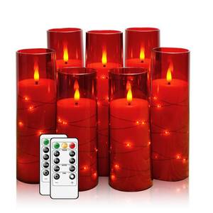 lot 50930 image: Flameless Candles,with Embedded Star String, Battery Operated Candles Flickering LED Pillar Candles with Remote Control and Timer, Home Decoration Add a Warm and Romantic Atmosphere Set of 7 (Red) - Retail $33