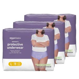 lot 50931 image: Amazon Basics Incontinence Underwear for Women, Maximum Absorbency, Fresh Protection, Postpartum, Disposable, Odor Protection, Comfortable Fit, Large, Lavender, 54 Count (3 Packs of 18) - Retail $34