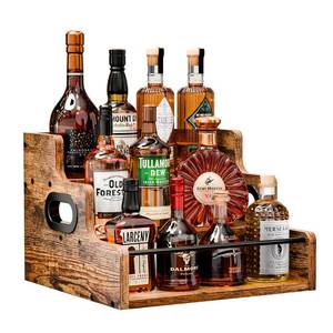 lot 50932 image: KLM Liquor Bottle Display Shelf, Coffee Syrup Rack Organizer, 3 Step Countertop Liquor Wine Rack, mini bar,liquor cabinet, Home Retro Bar Shelf Stand for Liquor Whiskey, Spirits - Retail $26