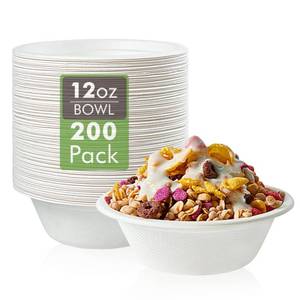 lot 50946 image: Vplus 200 Pack 12 OZ Paper Bowls, Disposable Compostable Bowls Bulk, Eco-friendly Bagasse Bowls, Heavy-duty Bowls Perfect for Milk Cereals, Snacks, Salads - Retail $23