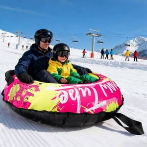 lot 50950 image: Premium Eco-Friendly Snow Tube - Ultra-Durable Recycled Fabric Cover, Puncture-Resistant, with Comfort Handles & Tow Rope for All-Terrain Snow Sledding (Red Yellow, XL)