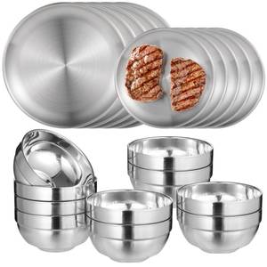 lot 50951 image: 20PCS Stainless Steel Plates and Bowls Sets, Includes 10PCS 6.7 & 10.2 in Plates 10 Pieces Bowls, 304 Reusable Camping Mess Kits for Home Kitchen, Dorm and Outdoor Picnic (Silver-A) - Retail $37