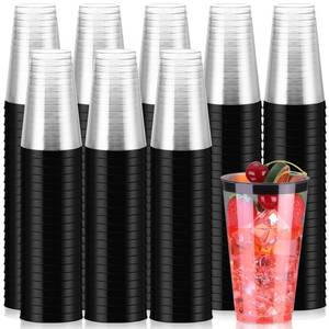 lot 50952 image: Patelai 100 Pcs 16oz Clear Plastic Cups with Rim Disposable Tumblers Heavy Duty Drinking Wine Glasses for Weddings, Easter, Graduation, Christmas Parties, Events(Black) - Retail $36