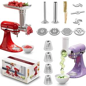 lot 50953 image: 21Pcs Meat Grinder & Cheese Grater Attachment for KitchenAid Stand Mixer, with 4 Grinding Plates, Metal Sausage Stuffer Tubes, 4 Slicer Shredder Attachment, Kitchen Aid Accessories and Attachments - Retail $60
