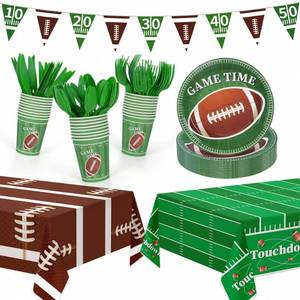 lot 50956 image: Football Party Decorations,133Pcs Football Party Supplies Set Disposable Footballs Birthday Plates Cups Knives Spoons Fork Banner and Tablecloth,Footballs Parties Supplies for Home,Dinner,Birthday - Retail $14