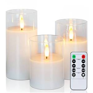 lot 50958 image: Amagic Clear Glass Flameless Candles Battery Operated with Timer, Remote Control, LED Pillar Candles, Battery Powered, Valentines Day Decor, Pure White Wax, Set of 3 - Retail $18