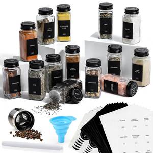 lot 50959 image: AOZITA 14 Pcs Glass Spice Jars with Black lids - 4oz Empty Square Spice Bottles and Spice Labels - Black Shaker Lids and Airtight Metal Caps - Silicone Collapsible Funnel Included - Retail $19