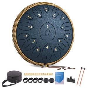 lot 50968 image: Steel Tongue Drum 12 Inch 15 Notes, Steel Drums Instruments for Kids Adults, Hand Pan Drum with Music Book, Drum Mallets and Carry Bag, Handpan C Major, Navy Blue - Retail $51