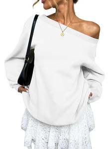 lot 50982 image: EasyGala Womens Fleece Lined Trendy Sweatshirt Off Shoulder Long Sleeve Pullover Going Out Top Oversized Work Shirt Basic Slouchy Winter Clothes 2026 White X-Large