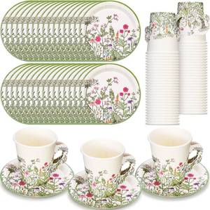 lot 50989 image: Funnymoom 50 Sets Floral Party Supplies Disposable Floral Party Paper Tea Cups Disposable Vintage Teacup and Saucer Set Vintage Teacup Set White Tea Favor for Garden Birthday Bridal Wedding - Retail $24
