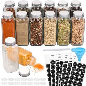 lot 51001 image: AOZITA 14 Pcs Glass Spice Jars with Spice Labels - 8oz Empty Square Spice Bottles - Shaker Lids and Airtight Metal Caps - Chalk Marker and Silicone Collapsible Funnel Included - Retail $20