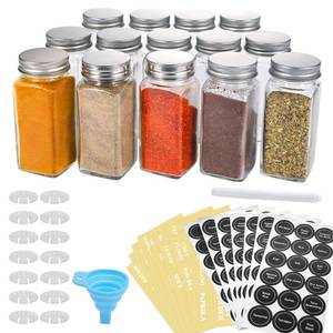 lot 51002 image: AOZITA 14 Pcs Glass Spice Jars with Spice Labels - 4oz Empty Square Spice Bottles - Shaker Lids and Airtight Metal Caps - Chalk Marker and Silicone Collapsible Funnel Included - Retail $20