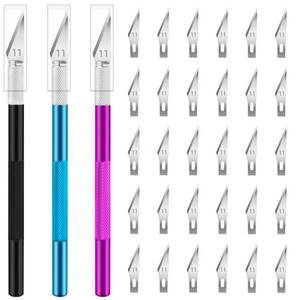 lot 58138 image: JETMORE Exacto Knife, 3 Exacto Knives with 30 Exacto Blades #11, Craft Knife, Hobby Knife, Precision Knife, Exacto Knife Set for Crafts, Arts, Modeling, Scrapbooking (Purple-Blue-Black) - Retail $5