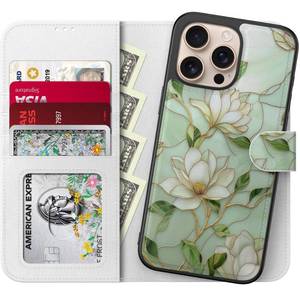 lot 58144 image: LUHOURI for iPhone 16 Pro Max Case Wallet - Wireless Charging Compatible Detachable Flip Folio Leather Cover - RFID Blocking 4 Card Slots - Protective Phone Case for Women - Vintage Magnolia Flowers - Retail $20