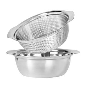 lot 58157 image: 304 Stainless Steel Microporous Colander with Handle, Rice Washers Microporous Strainer Set For washing vegetables, fruits and rice, and draining cooked pasta. - Retail $22