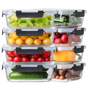 lot 61650 image: 8 Pack 36oz Large Glass Meal Prep Containers with lids, Glass Food Storage Containers with Leak Proof Snap Lock Lids , Airtight Bento lunch Boxes, Kitchen Storage, Oven, Freezer and Dishwasher Safe - Retail $30