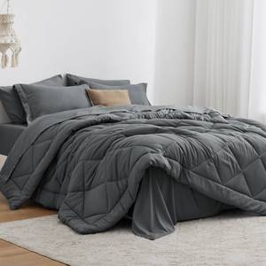 lot 62551 image: Loves cabin Twin XL Comforter Set Dark Grey, 5 Pieces Twin XL Bed in a Bag, All Season Bedding Sets with 1 Comforter, 1 Flat Sheet, 1 Fitted Sheet, 1 Pillowcase and 1 Pillow Sham - Retail $46