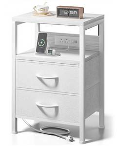Lazzanto NightStand Bedside Charging Table Bedroom - Night Stand with Charger Station, White Modern Bed Side End Table with Open Shelf & 2 Fabric Drawers, USB-C Port & AC Outlets for Dorm, Living Room - Retail: $50