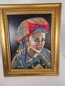 lot 101 image: African Woman Portrait in Colorful Head Wrap Oil Painting Mixed Media