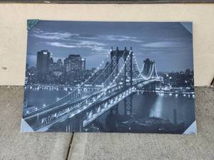 lot 102 image: Manhattan Bridge Night Scene Canvas Print Wall Art