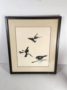 lot 107 image: Framed Birds in Ink Drawing Chickadees AP