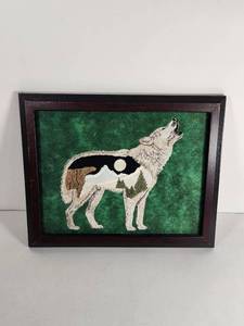 lot 110 image: Framed Wolf Howling Mountain Landscape Embroidered Wall Art