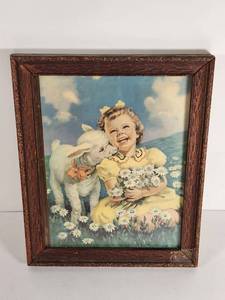 lot 112 image: Vintage Framed Child and Lamb Print with Carved Wood Frame