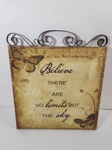 lot 124 image: Butterfly Believe Inspirational Canvas Wall Sign with Metal Scrollwork