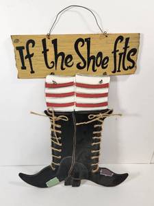 lot 131 image: If the Shoe Fits Wooden Boot Wall Sign with Striped Socks