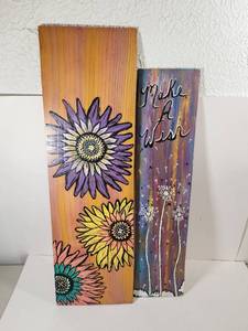 lot 132 image: Hand Painted Wooden Sign Set with Flowers and Make A Wish Quote