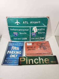 lot 134 image: Collectible Metal Signs Lot - ATL Airport, Dodgers Parking, Get Out of Jail Free, Pinche Way