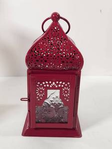 lot 158 image: Maroon Moroccan Style Decorative Metal Lantern with Pierced Design
