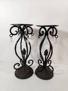 lot 162 image: Black Iron Candle Holders with Crystal Drops - Set of 2