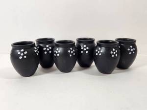 lot 165 image: Black Ceramic Tiny Plant Pots with White Dot Pattern Set of 6