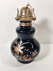 lot 166 image: Blue Glass Oil Lamp with Floral Design