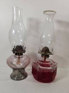 lot 167 image: Glass Oil Lamps with Chimney Set of Two
