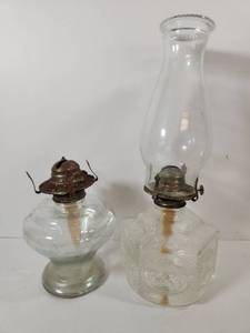 lot 168 image: Glass Kerosene Oil Lamps with Metal Burners - Set of 2