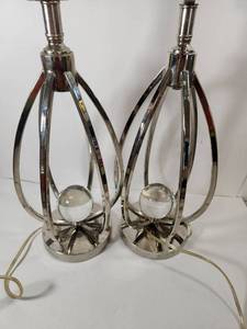 lot 170 image: Mid-Century Chrome Wire Frame Table Lamps with Crystal Glass Spheres - Pair