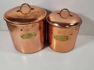 lot 213 image: Copper Kitchen Canisters Set with Flour and Sugar Labels